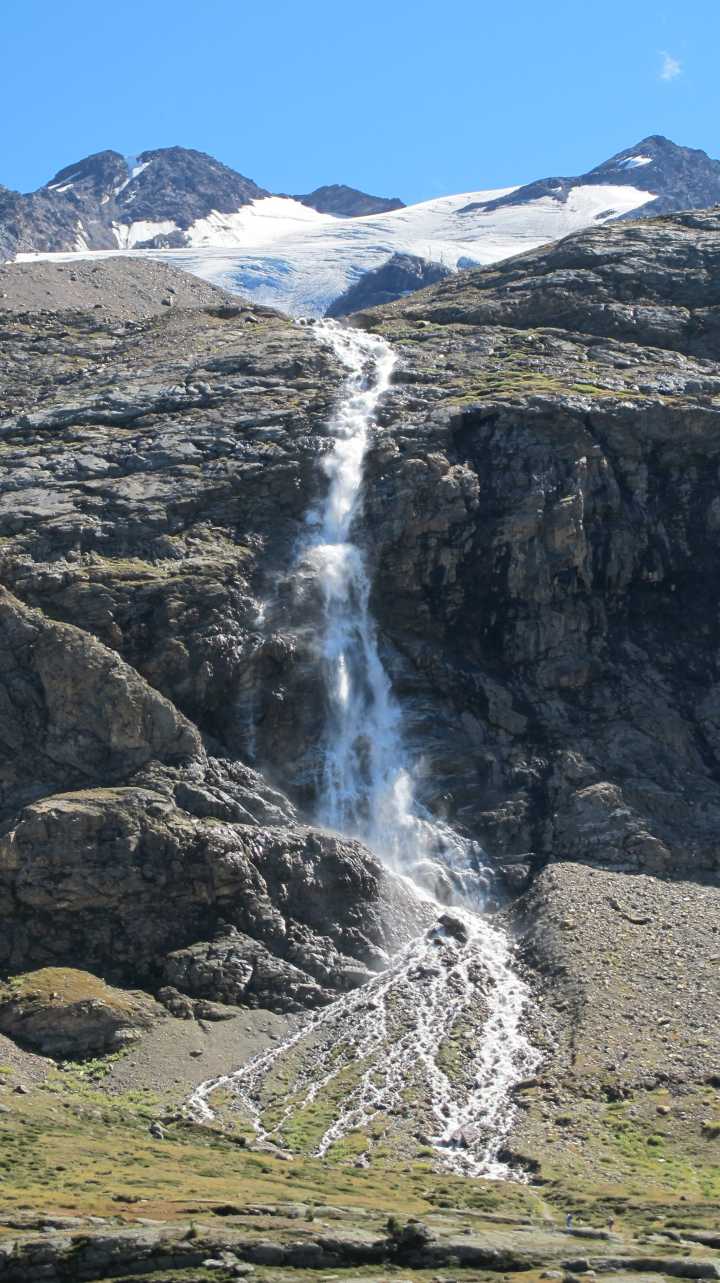 Sicht auf Gletscher und Wasserfall